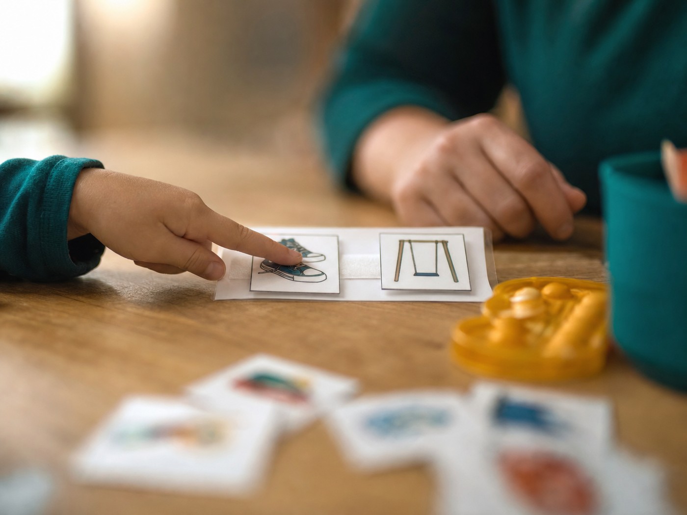 A child pointing at a printed first-then picture board on a therapy table