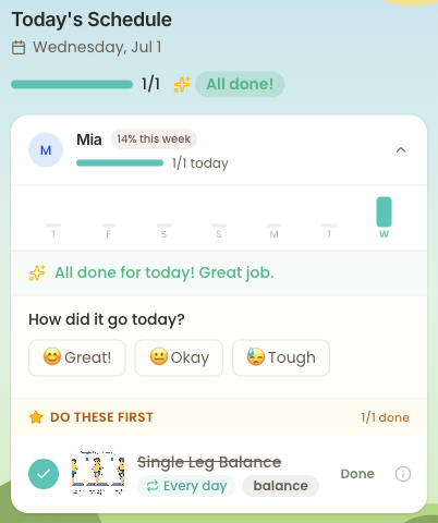 The SuloMotion app — a child's daily schedule marked all done
