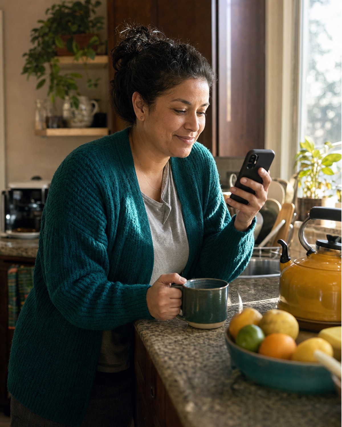 A parent at the kitchen counter with a cup of coffee, smiling at her phone