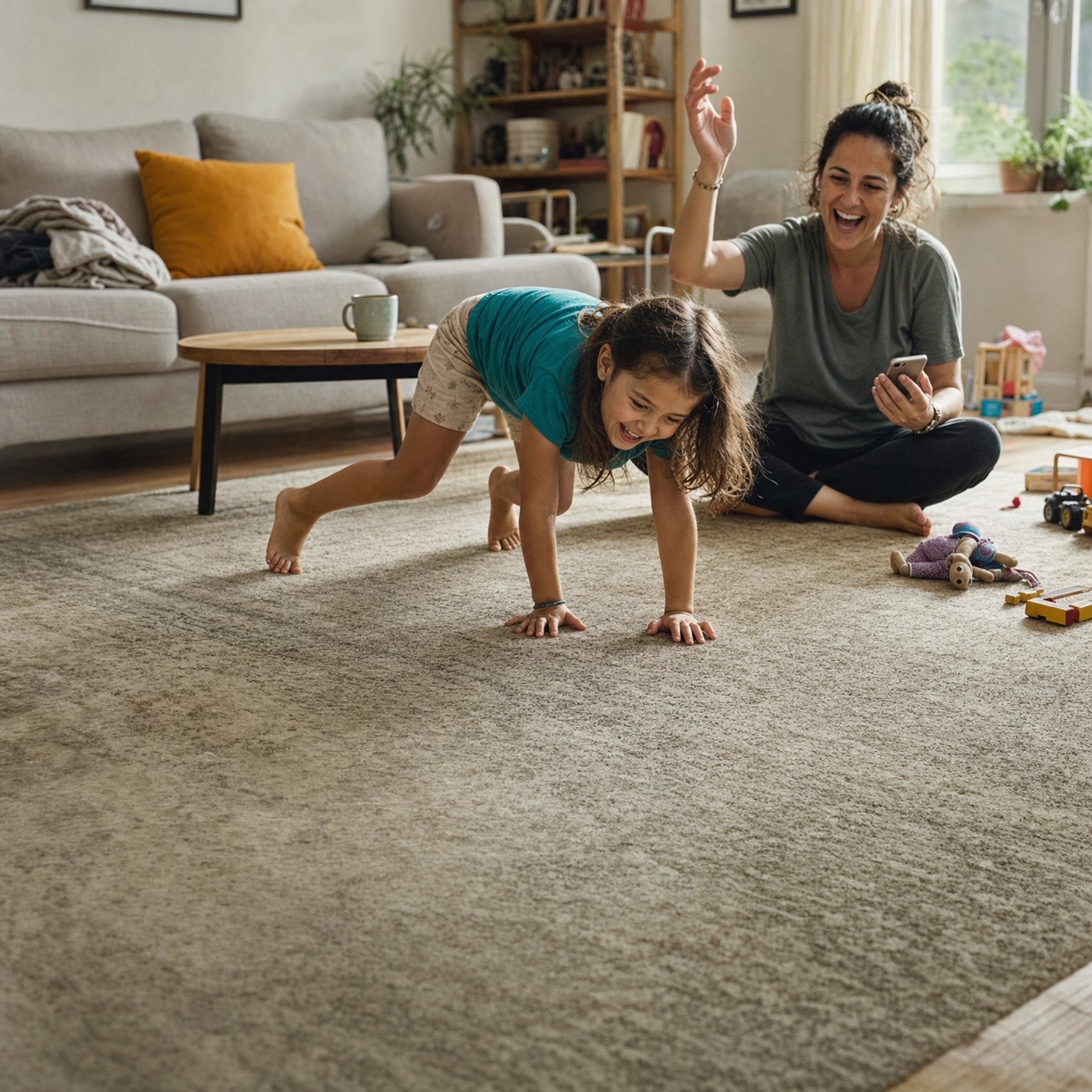 A parent cheering on their daughter as she does an animal walk across the living room rug