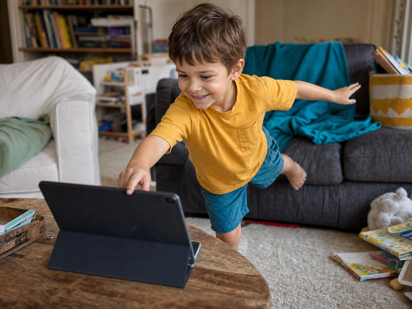 A young boy balancing on one leg, reaching to tap a tablet propped on the coffee table
