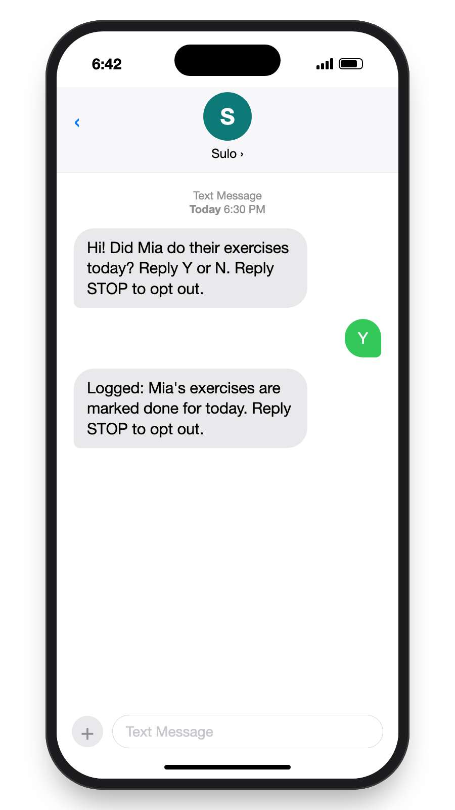 A text check-in asking whether Mia did their exercises today; the parent replies Y and the day is logged