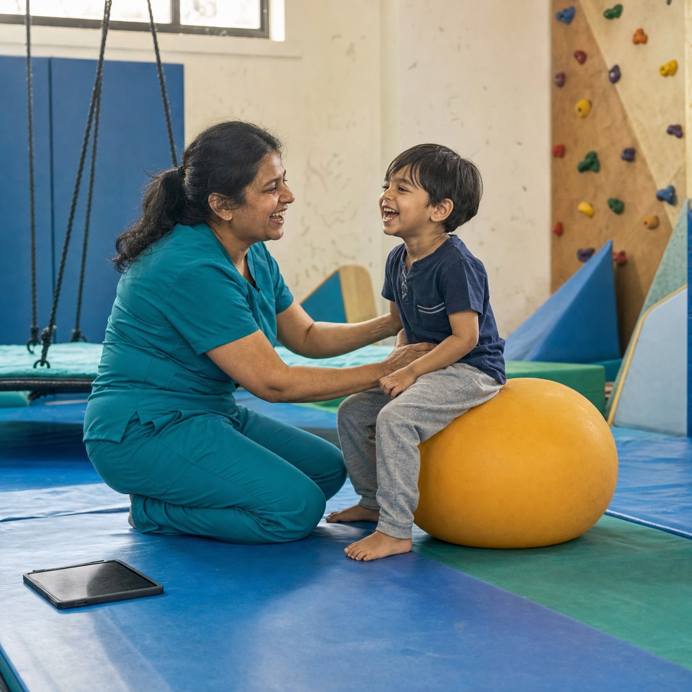 A pediatric therapist kneeling on the mats, laughing with a young boy balancing on a therapy ball