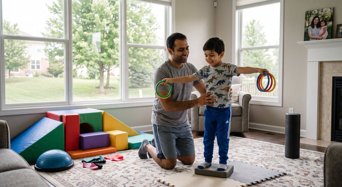 A parent and child doing a home exercise together